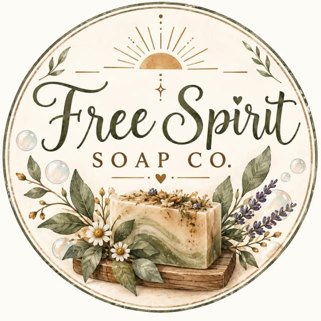 Free Spirit Soap Co. logo with a rising sun, botanical leaves and an illustrated soap bar